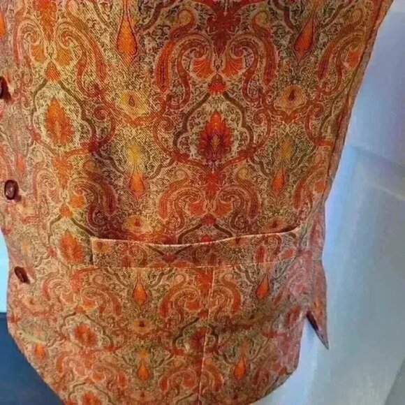 Tapestry Paisley Orange Vest Prom Formal Party Wedding Pockets Mens Size M - Picture 4 of 9